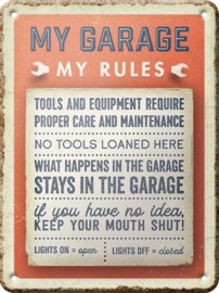 My Garage My Rules. Metalen wandbord in reliëf 15 x 20 cm