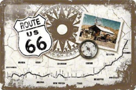 Route 66 Compass. Metalen wandbord in reliëf 20 x 30 cm.