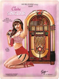 Jukebox Wurlitzer 1015 Claire Sinclair. Metalen wandbord in reliëf 30 x 40 cm.