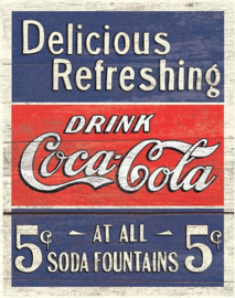 Coca Cola Delicious 5 Cents.  Metalen wandbord 31,5 x 40,5 cm.