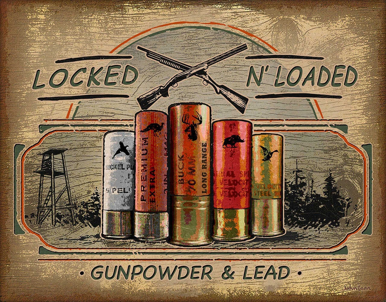 Locked N'loaded Gunpowder & Lead.  Metalen wandbord 31,5 x 40,5 cm.