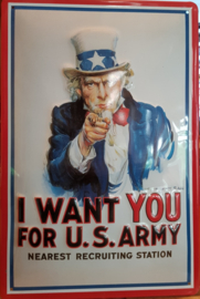 I Want You For U.S. Army. Metalen wandbord in reliëf 20 x 30 cm.