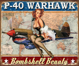 P-40 Warhawk Bombshell Beauty.   Metalen wandbord 31,5 x 40,5 cm.