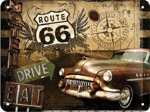 Route 66 Drive & Eat  Metalen wandbord in reliëf 15 x 20 cm