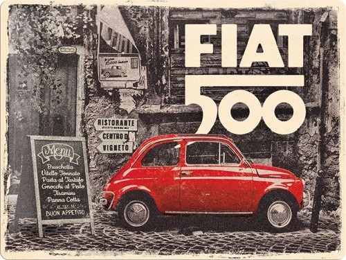 Fiat 500 Red car in the street. Metalen wandbord in reliëf 30 x 40 cm
