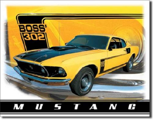 Ford Mustang Boss 302.  Metalen wandbord 31,5 x 40,5 cm.