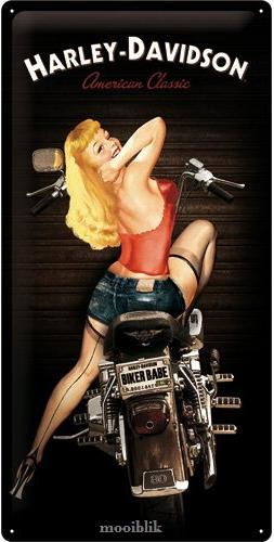 Harley-Davidson American Classic   Red Biker Babe.    Metalen wandbord in reliëf 25 x 50 cm