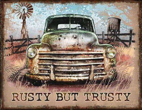 Rusty but Trusty. Metalen wandbord 31,5 x 40,5 cm.