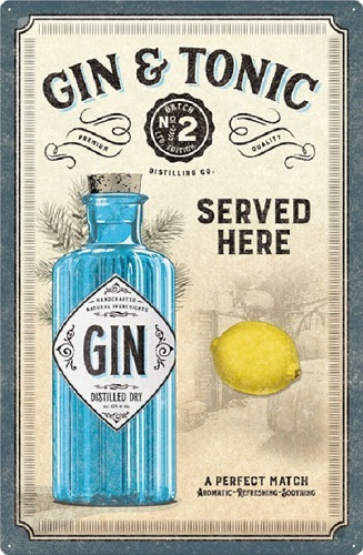 Gin & Tonic Served Here.   Metalen wandbord in reliëf 40 x 60 cm.
