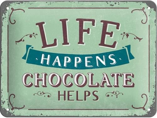 Life Happens - Chocolate Helps Metalen wandbord in reliëf 15 x 20 cm.
