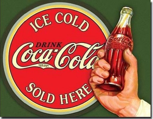 Coca-Cola  Ice Cold - Sold Here . Metalen wandbord 31,5 x 40,5 cm.