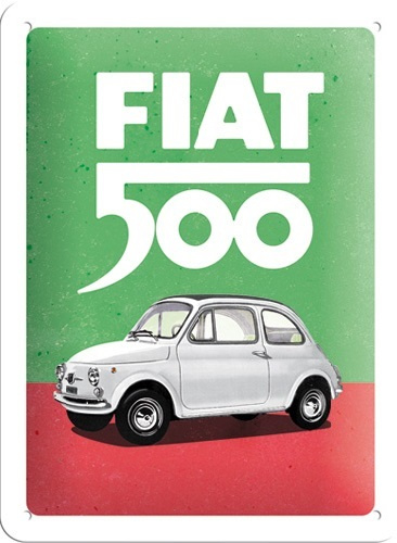 Fiat 500 - Italian Colours.Metalen wandbord in reliëf 15 x 20 cm.