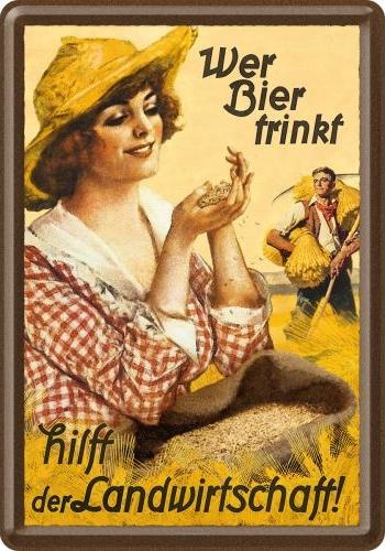 Wer Bier trinkt hilft... Fraulein  Metalen Postcard 10 x 14 cm.