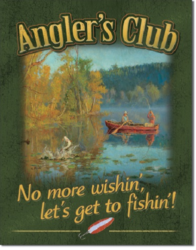 Angler's Club.  Metalen wandbord 31,5 x 40,5 cm.