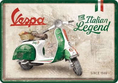 Vespa - Italian Legend. Metalen Postcard 10 x 14 cm.