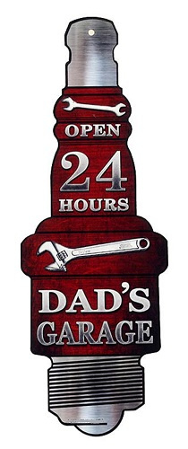 Dad's Garage Open 24 Hours . Metalen wandbord 50 x 20 cm.