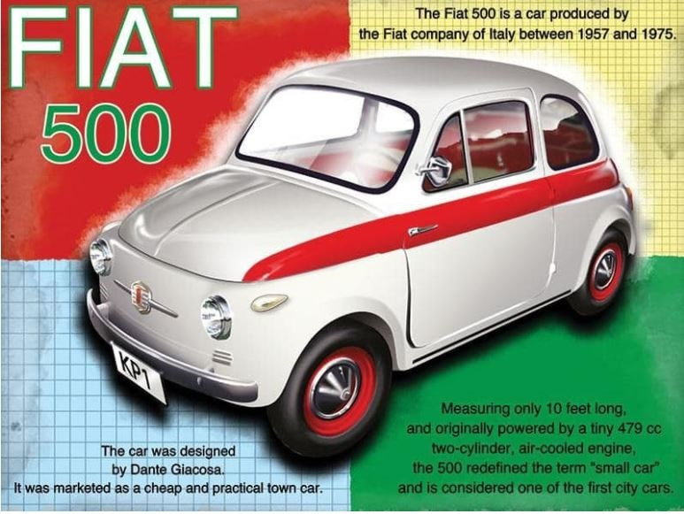 Fiat 500 Metalen wandbord 30 x 40 cm.