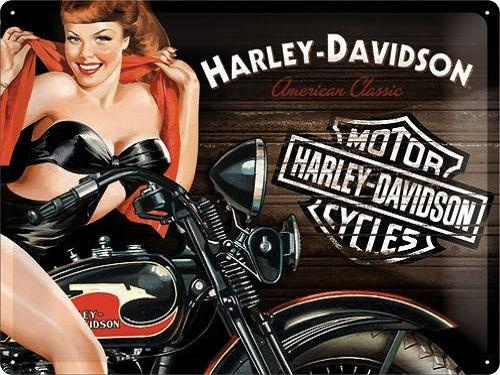 Harley Davidson American Classic Red Biker Babe  Metalen wandbord in reliëf 30 x 40 cm