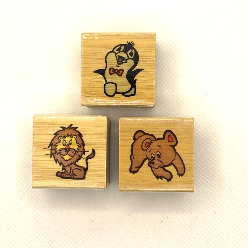 Houten stempels vierkant dieren (3 stuks) leeuw/beer/pinguin