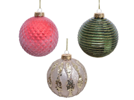 Kerstbal met motiefje - rose, groen en wit