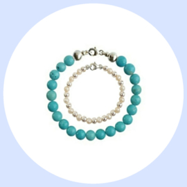 Vader Dochter Armbanden - Turquoise kralen en Zoetwaterparel Silver (Pearly White)