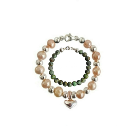 Moeder Zoon Armband Zoetwaterparel Pearly Pink Silver Heart en Afrikaans Turquoise