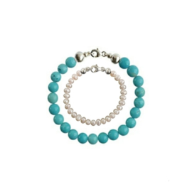 Vader Dochter Armbanden met Turquoise kralen en Zoetwaterparels Pearly White