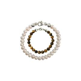 Moeder Zoon Armband Zoetwaterparel Pearly White en Tigereye