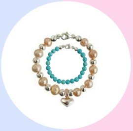 Moeder en Zoon Armband Zoetwaterparel Pearly Pink Silver Heart en Turquoise