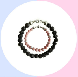 Vader Dochter Armbanden met Black Lava en Imperial Jaspis Ginger Pink kralen