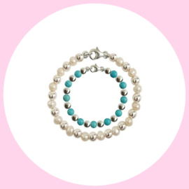 Moeder en Zoon Armband Zoetwaterparel Pearly White Silver en Turquoise Silver