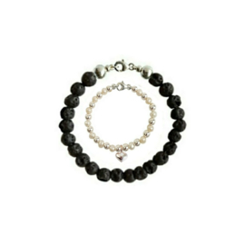 Vader Dochter Armbanden met Lava kralen en Zoetwaterparel Pearly White Silver Heart