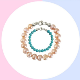 Moeder Zoon Armband Zoetwaterparel Pearly Pink en Turquoise