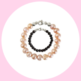 Moeder Zoon Armband Zoetwaterparel Pearly Pink en Black Lava