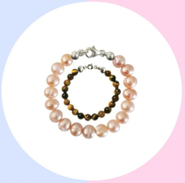 Moeder Zoon Armband Zoetwaterparel Pearly Pink en Tigereye