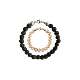 Vader Dochter Armbanden - Black Lava kralen en Zoetwaterparel (Pearly Pink)