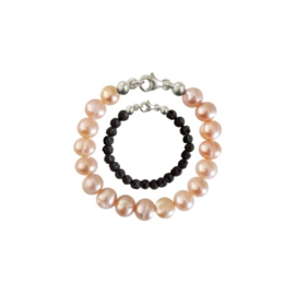 Moeder Zoon Armband Zoetwaterparel Pearly Pink en Black Lava