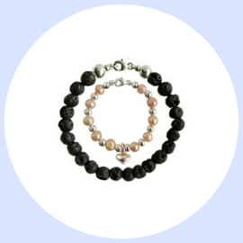 Vader Dochter Armbanden - Black Lava kralen en Zoetwaterparel Silver Heart (Pearly Pink)