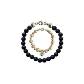Vader en Dochter Armbanden met Goudsteen kralen en Zoetwaterparel Pearly Pink Silver Heart