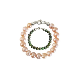 Moeder Zoon Armband Zoetwaterparel Pearly Pink en Afrikaans Turquoise