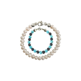 Moeder Zoon Armband Zoetwaterparel Pearly White en Turquoise en Black Lava