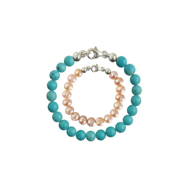 Vader Dochter Armbanden - Turquoise kralen en Zoetwaterparel (Pearly Pink)