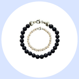 Vader Dochter Armbanden met Goudsteen kralen en Zoetwaterparel Pearly White Silver