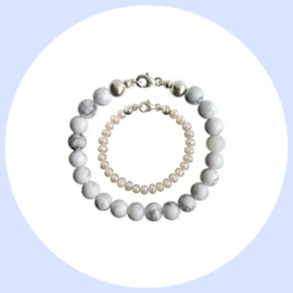 Vader Dochter Armband - Snow White kralen en Zoetwaterparel (Pearly White)