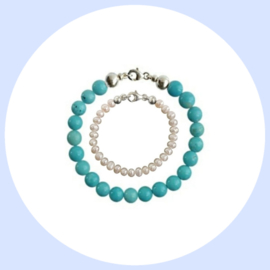Vader Dochter Armbanden met Turquoise kralen en Zoetwaterparels Pearly White