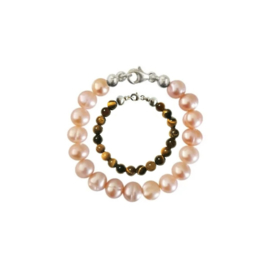 Moeder Zoon Armband Zoetwaterparel Pearly Pink en Tigereye