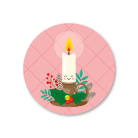 kaars in een kaarsenhouder, roze achtergrond | 5 ronde kerststickers