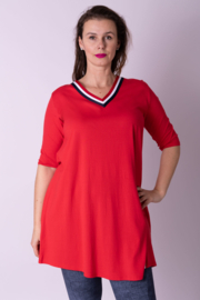 Shirtjurk 100 cm lang drie kleuren V-hals rood maat 40-42