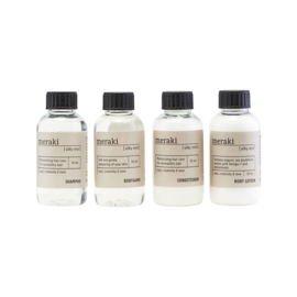 Travel-kit van Meraki, 4 flesjes van 50 ml  met shampoo, conditioner, bodywash en lotion