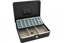 Metalen geldkist 30x24x9 cm met euro sorteerplaat - 2 sleutels - 3 biljet compartimenten  HE0100